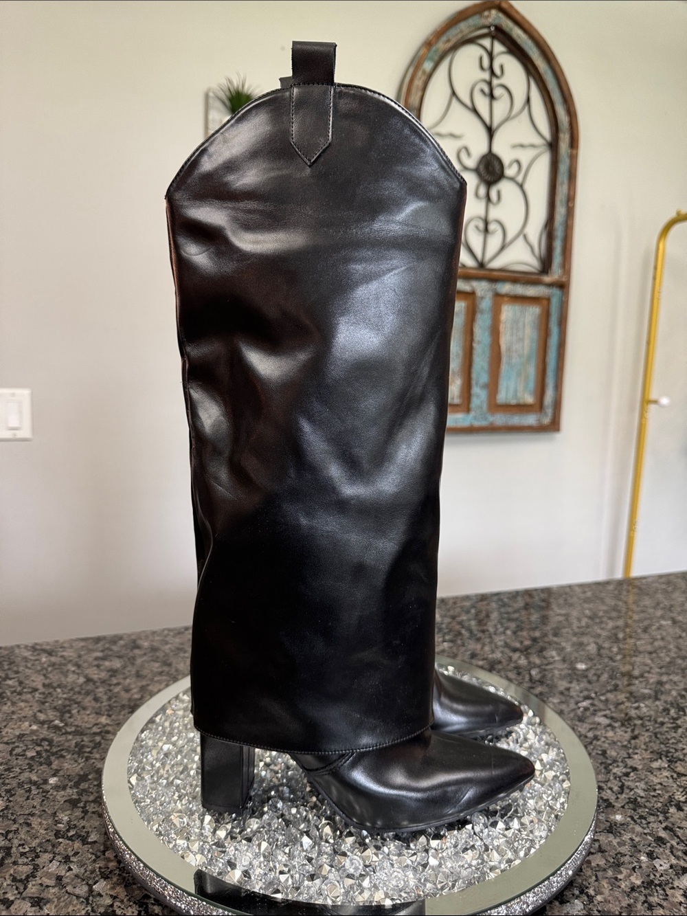 Cuccoo Black Pointed-Toe faux Leather knee high skirted Boots with Block Heel
